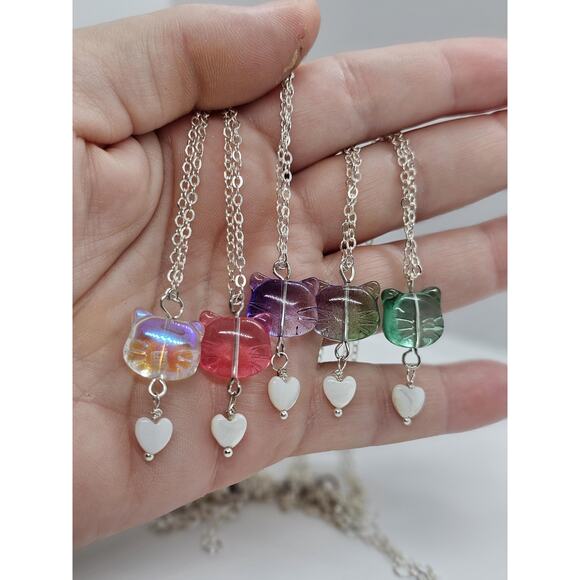 Glass Cat Charm Necklace Shell Heart Silver Chain for Kids and Cat Lovers - Picture 1 of 4